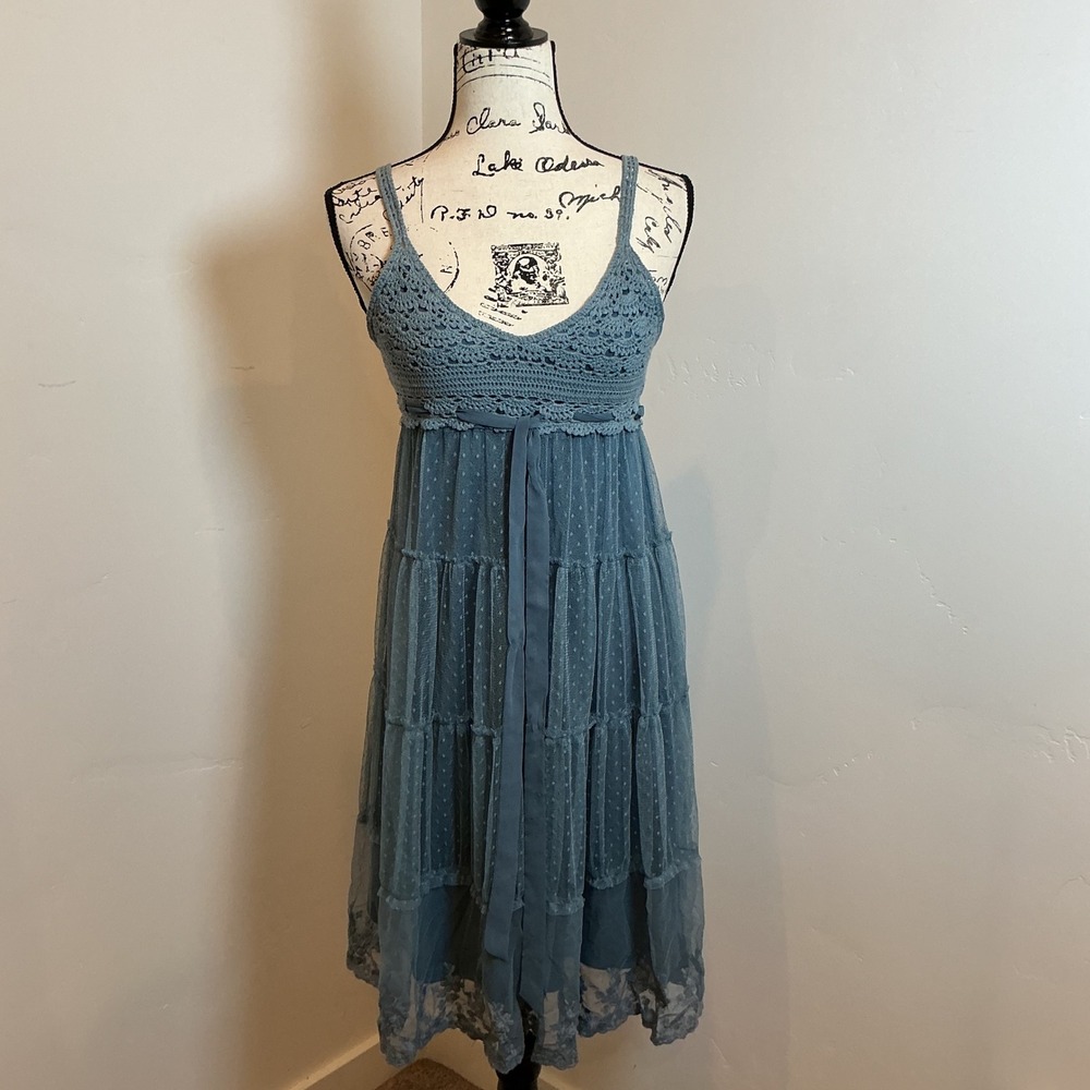 A'reve Crochet Mesh Midi Dress Womens Small Blue NEW Boho Swiss Dot Lace Tiered